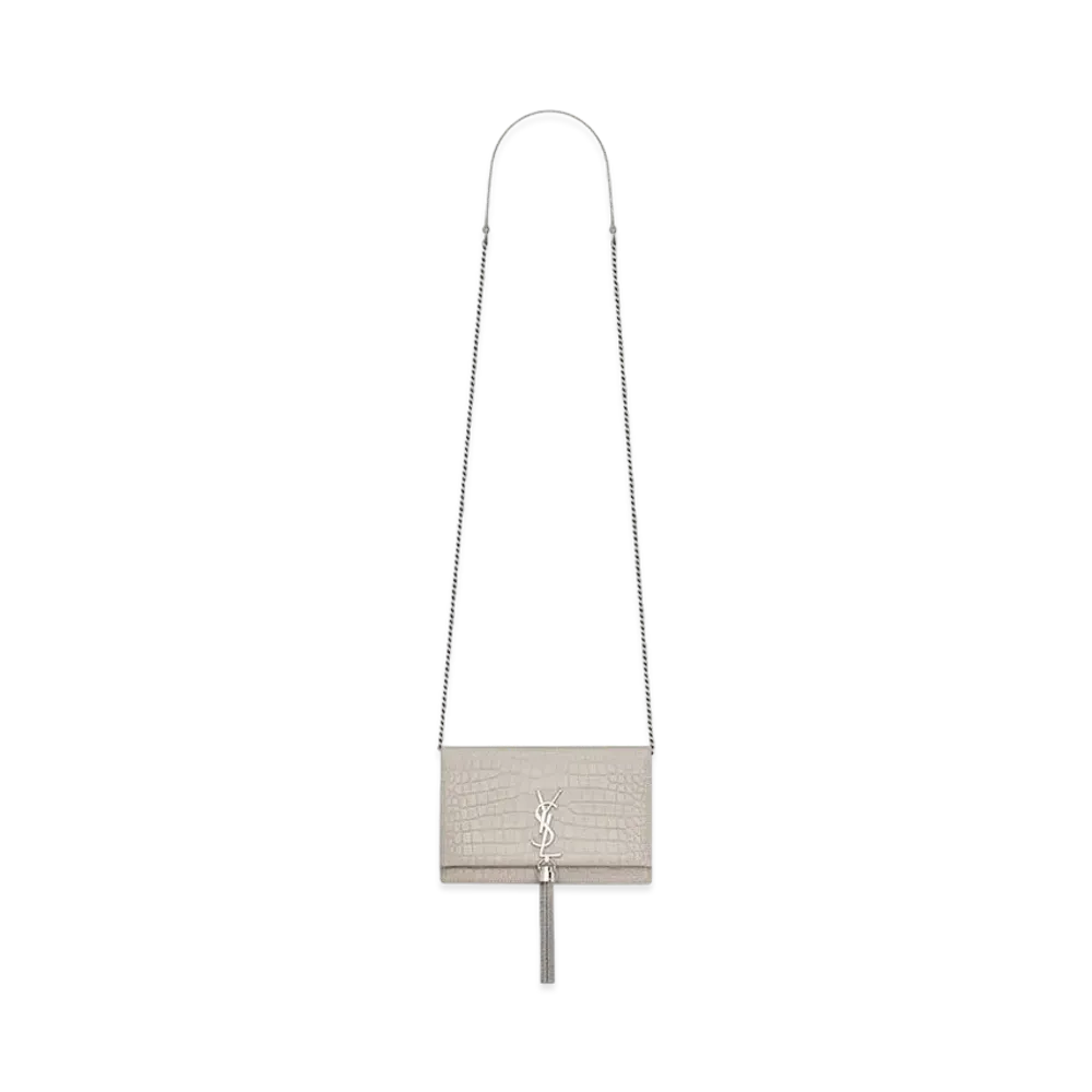 Saint Laurent Kate Chain Wallet With Leather Tassel In Crocodile-Embossed Leather "Vintage White"
