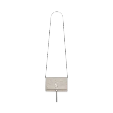 Saint Laurent Kate Chain Wallet With Leather Tassel In Crocodile-Embossed Leather "Vintage White"