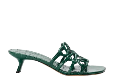LOEWE Women's Petal Anagram Slide in Croc Embossed Calfskin "Emerald Green"