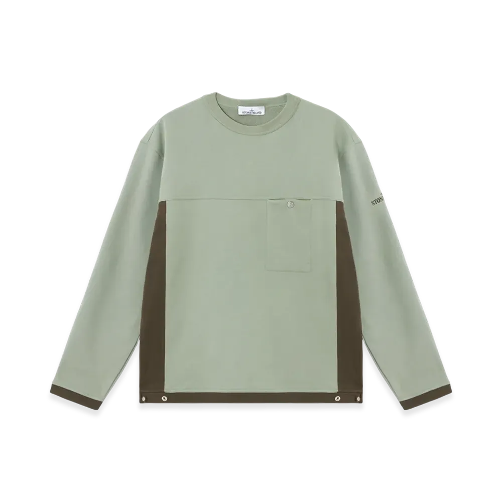 Stone Island 6100015 Cotton Fleece Oversized Fit Crewneck Sweatshirt with Contrasting Panels - 25SS "Sage Green"