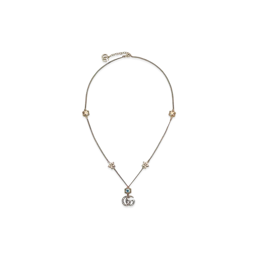 GUCCI Antique Tone Metal Crystal Double G Necklace "Gold"