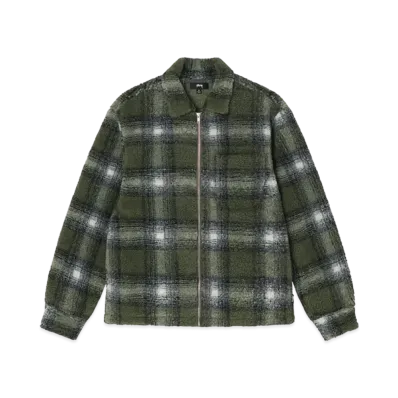 Stussy Shadow Plaid Sherpa Zip Shirt "Olive"