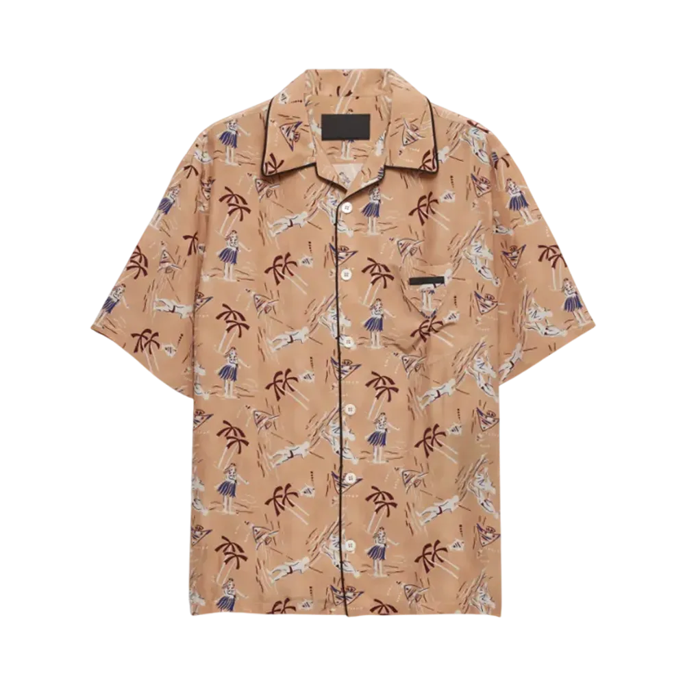 PRADA Men's Printed Silk Blend Bowling Shirt "Cameo Beige"