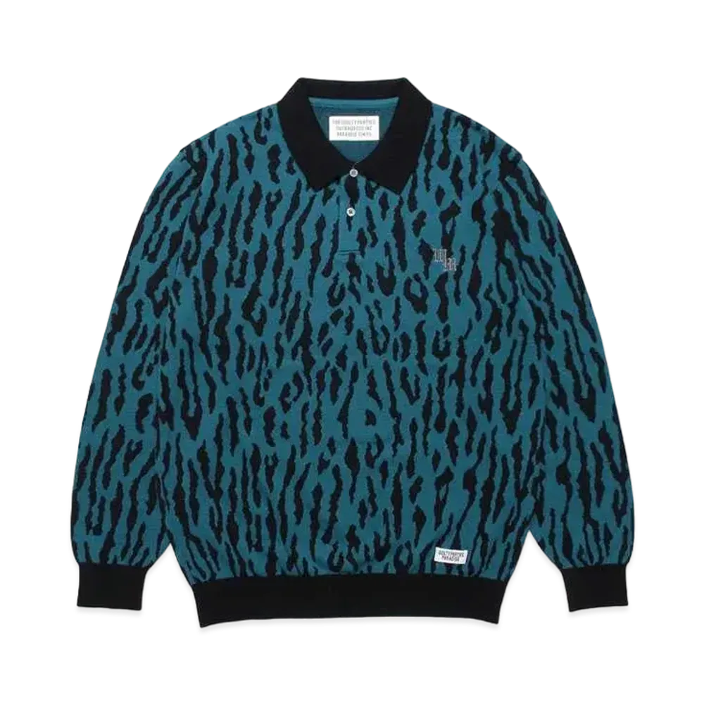 WACKO MARIA Leopard Knit Jacquard Polo Shirt "Blue"