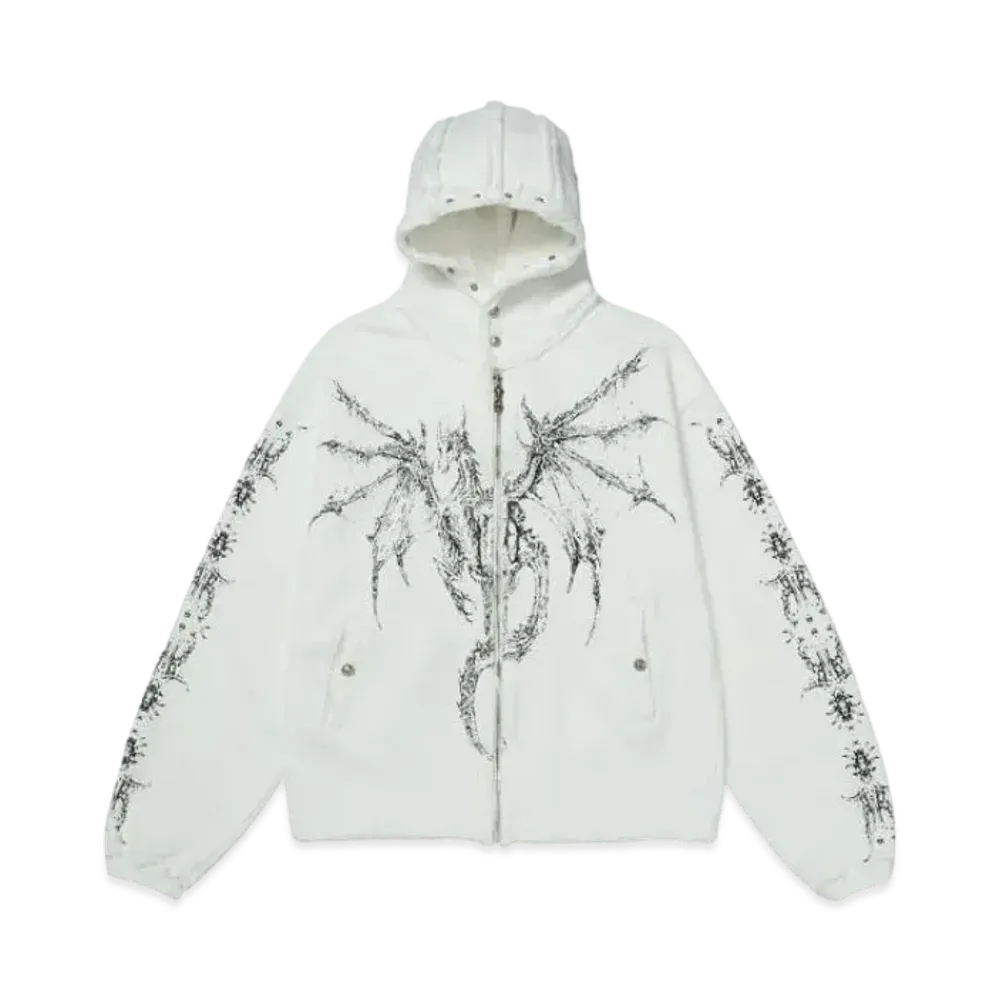 THUG CLUB Dragon Stud Zip-Up Hoodie "White"