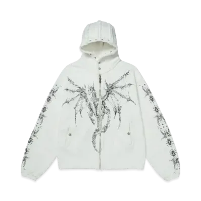 THUG CLUB Dragon Stud Zip-Up Hoodie "White"