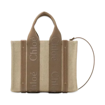 Chloe Small Woody Tote Bag In Linen "Dark Nut"