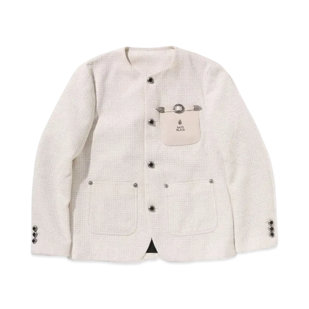 A BATHING APE Bape Black Collarless Ornaments Tweed Coat #3 "Ivory"