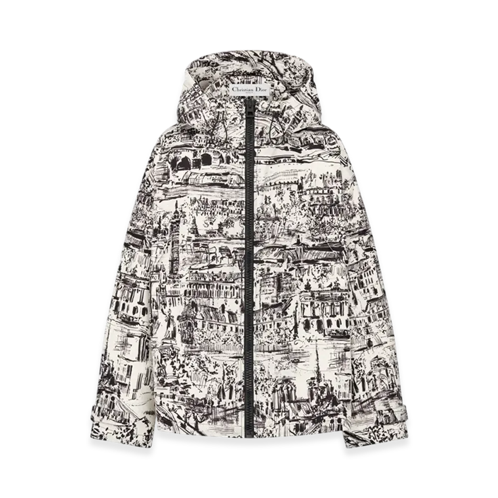 Dior Women's Technical Taffeta Jacquard with Paris Allover Motif Hooded Anorak "White/Black"