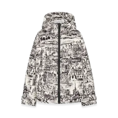 Dior Women's Technical Taffeta Jacquard with Paris Allover Motif Hooded Anorak "White/Black"
