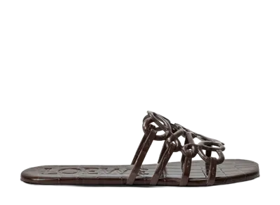 LOEWE Women's Petal Anagram Slide in Croc Embossed Calfskin "Dark Brown"