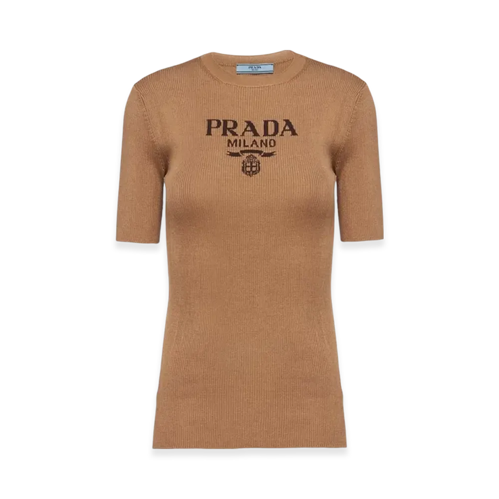 PRADA Women's Silk Crewneck Sweater with Logo "Camel Brown"