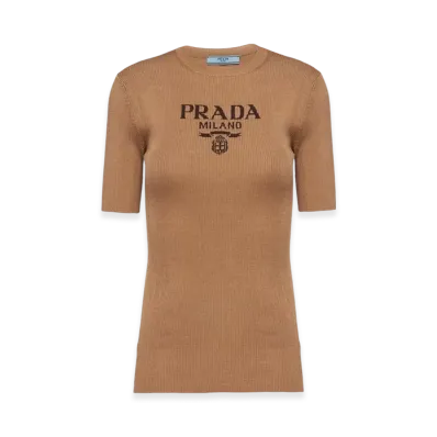 PRADA Women's Silk Crewneck Sweater with Logo "Camel Brown"