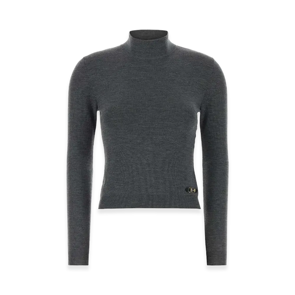GUCCI Women's Fine Rib Knit Wool Top With Horsebit "Gray"