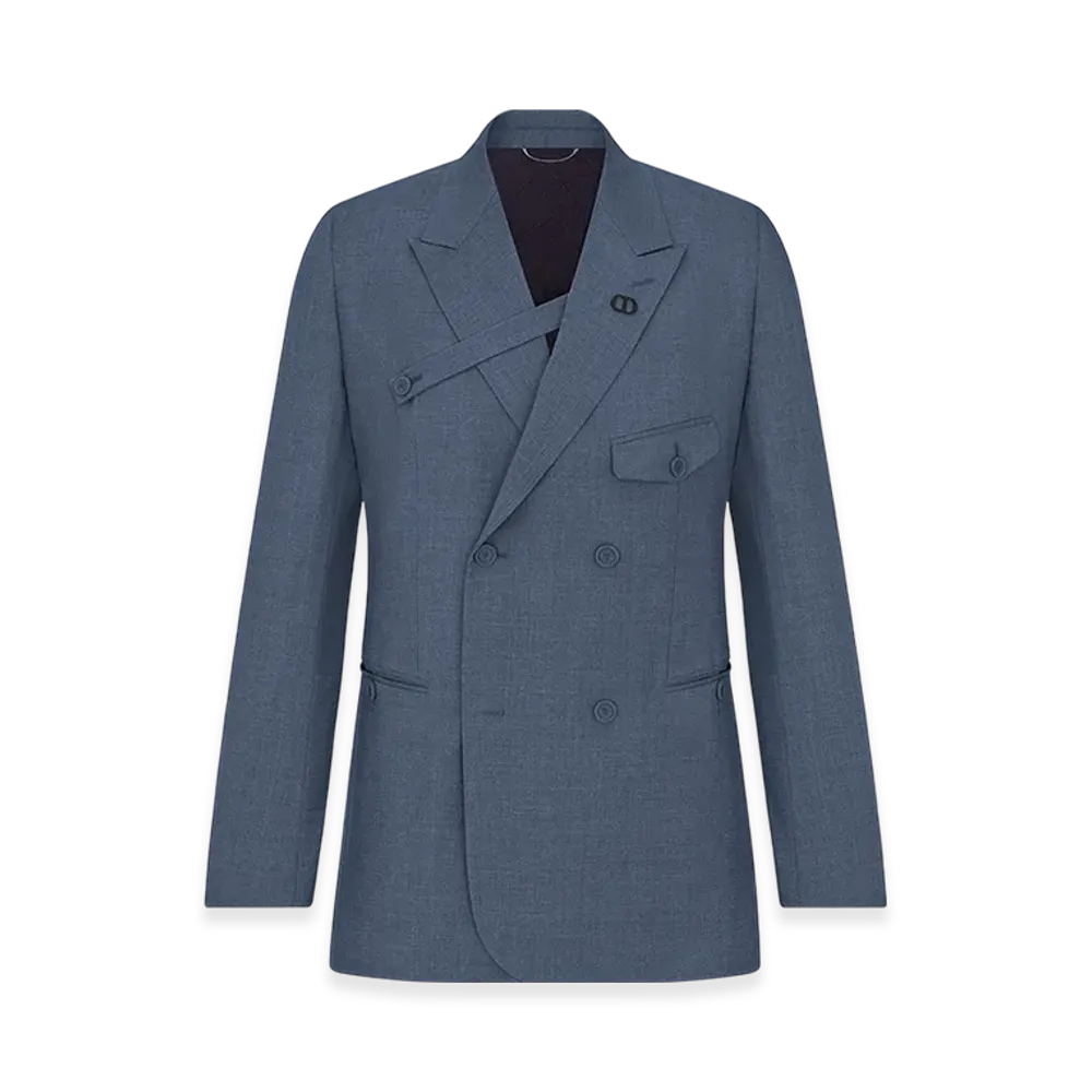 Dior Double-Breasted Jacket with Button Placket Textured Super 100s Wool "Blue Gray"