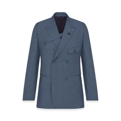 Dior Double-Breasted Jacket with Button Placket Textured Super 100s Wool "Blue Gray"