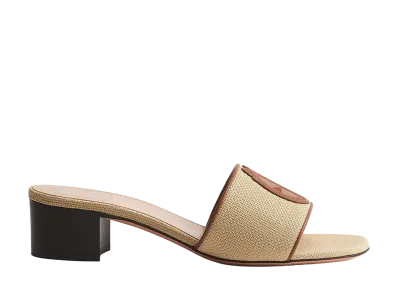 Dior Women's Dioriviera Dior Medaillon Heeled Slide Embroidered Cotton and Calfskin "Natural/Cognac Brown"