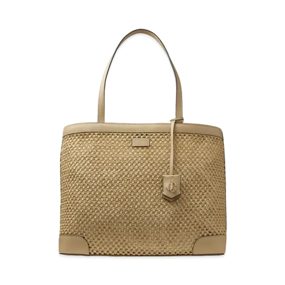 JIMMY CHOO NINE2FIVE E/W Light Gold JC Logo With Raffian Net Curf Leather Tote Bag "Barley"