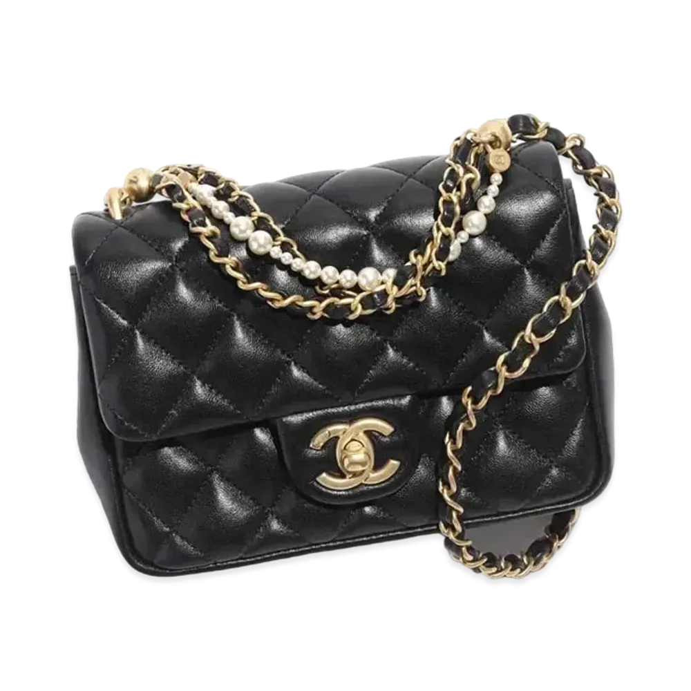 CHANEL Mini Flap Bag Shiny Lambskin Imitation Pearls "Black"