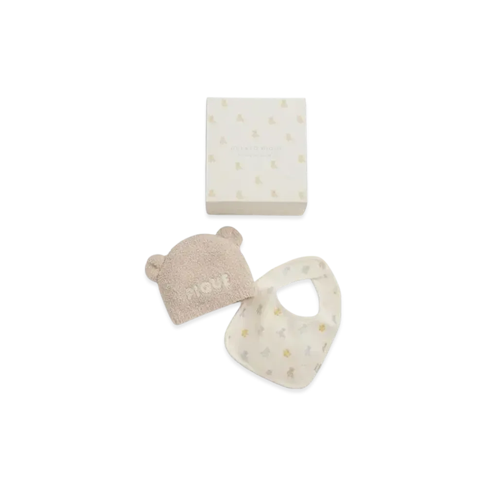 GELATO PIQUE Baby Bear Knit Cap & Bib 2 Piece Set Gift Box "Beige"