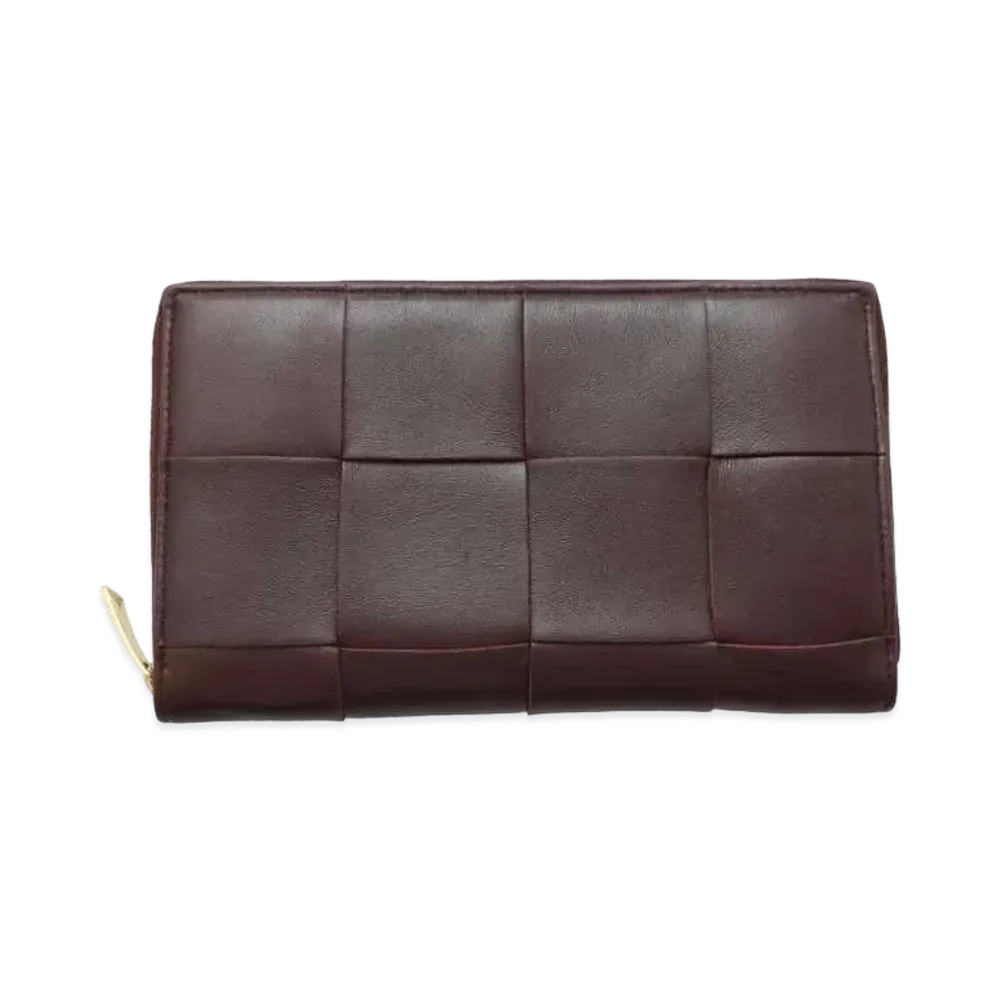 Bottega Veneta Casette Maxi Intrecciato Lambskin Calfskin Bi-fold Zip Around Wallet "Grape"