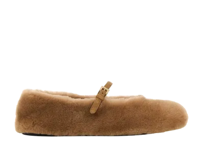 PRADA Women's Shearling Ballet Flats "Camel"