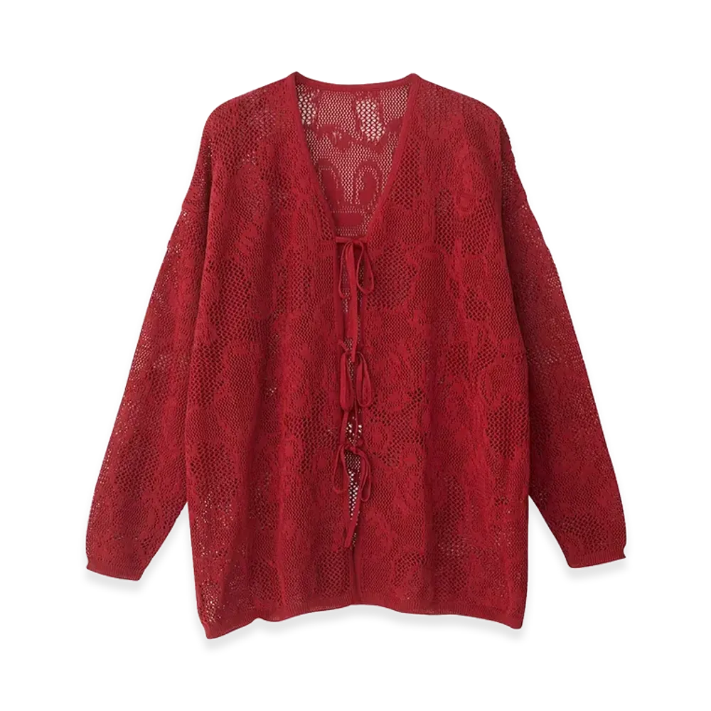 HYSTERIC GLAMOUR Fire Bear Jacquard Mesh Cardigan "Red"