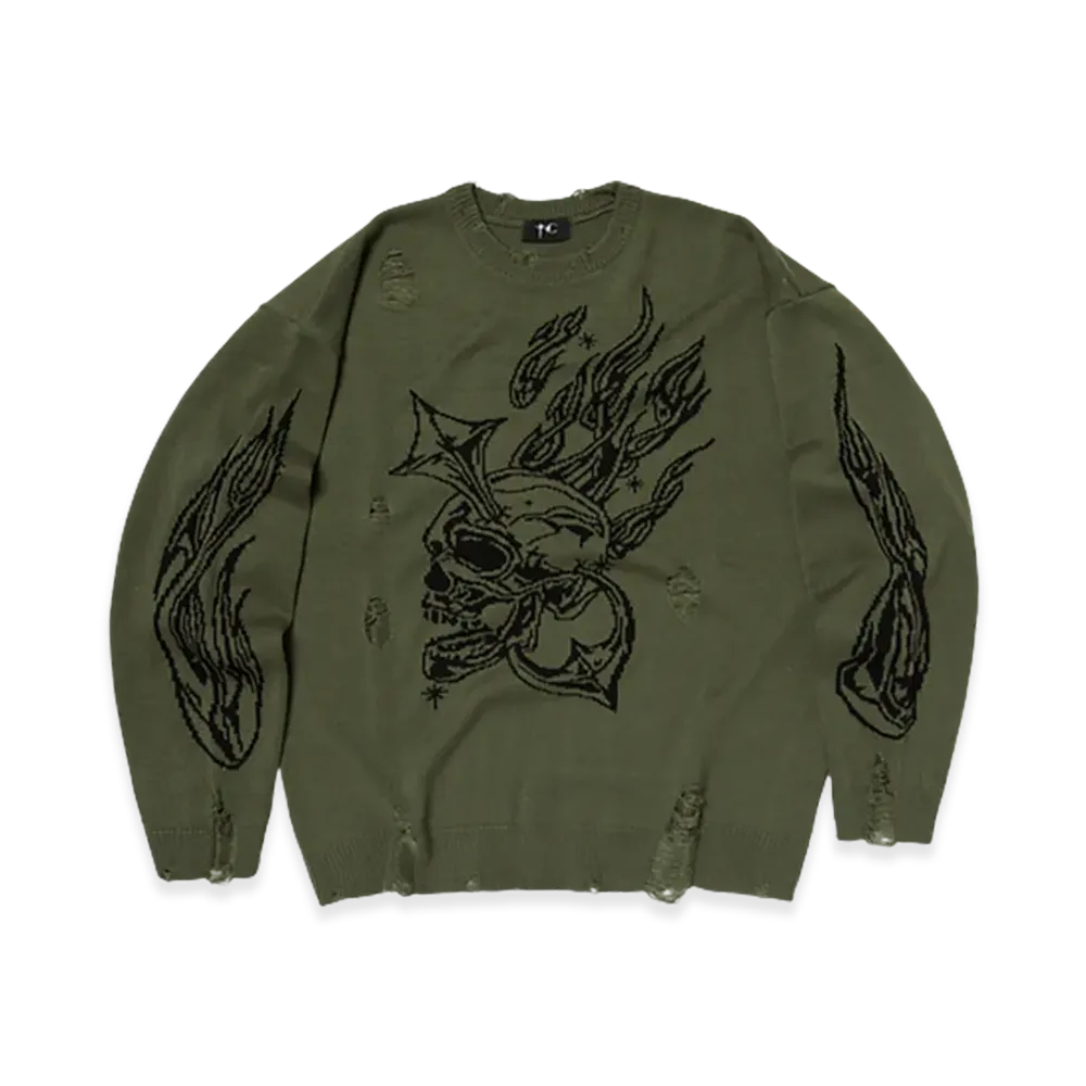THUG CLUB TC Chrome Skull Knit Sweater "Khaki"