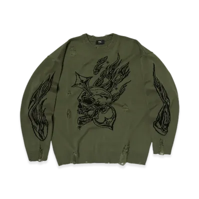 THUG CLUB TC Chrome Skull Knit Sweater "Khaki"
