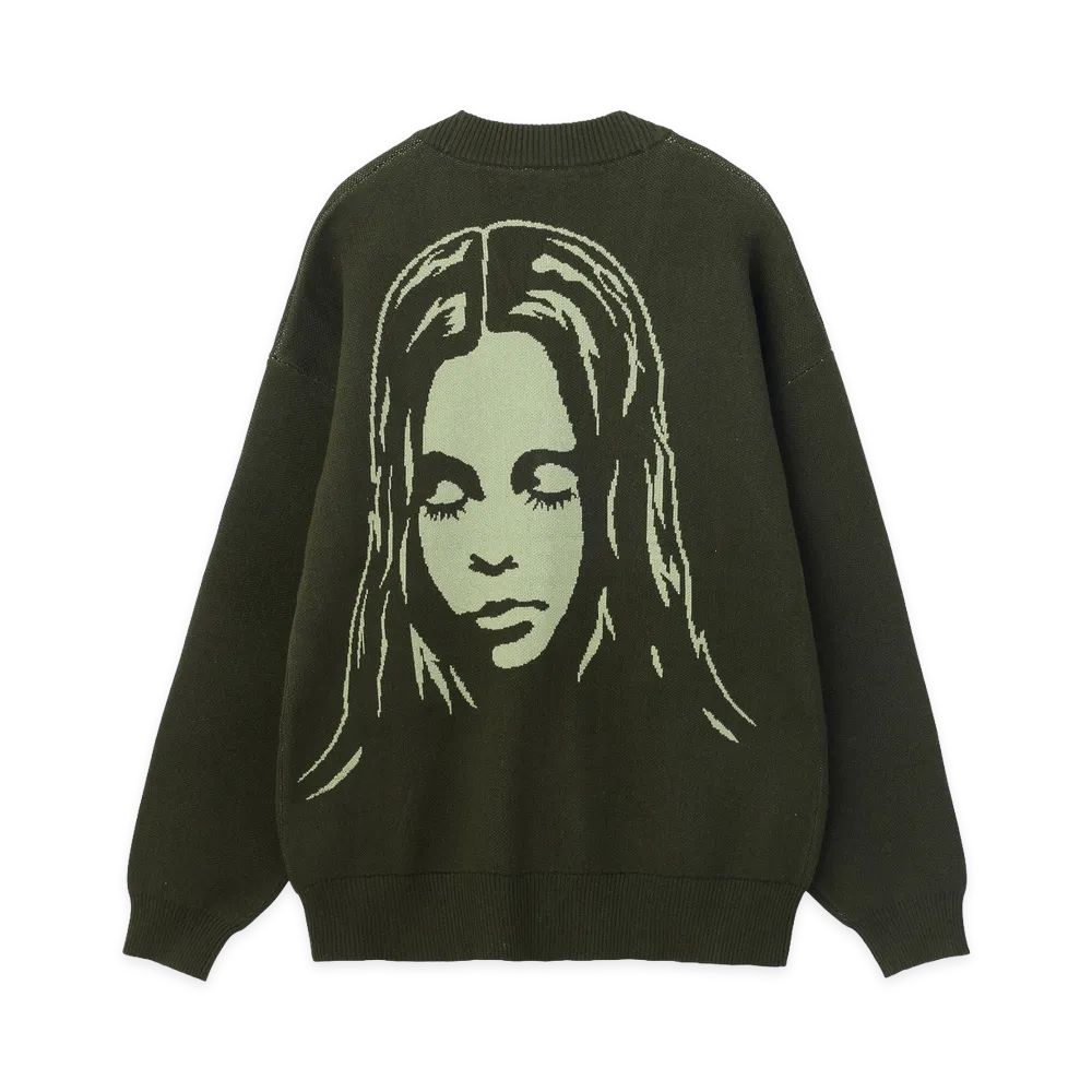 X-Girl Women's Face Back Jacquard Knit Cardigan "Olive"