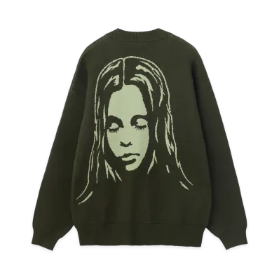 X-Girl Women's Face Back Jacquard Knit Cardigan "Olive"