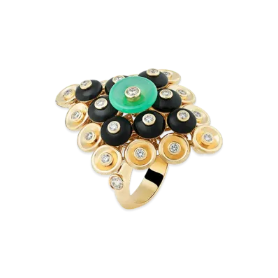 Van Cleef & Arpels Bouton d'or ring "18K Yellow gold/Onyx/Chrysoprase/Diamond"