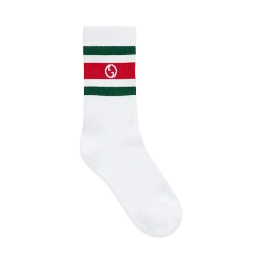 GUCCI Men's Round Interlocking G Cotton Socks "White/Red/Green"