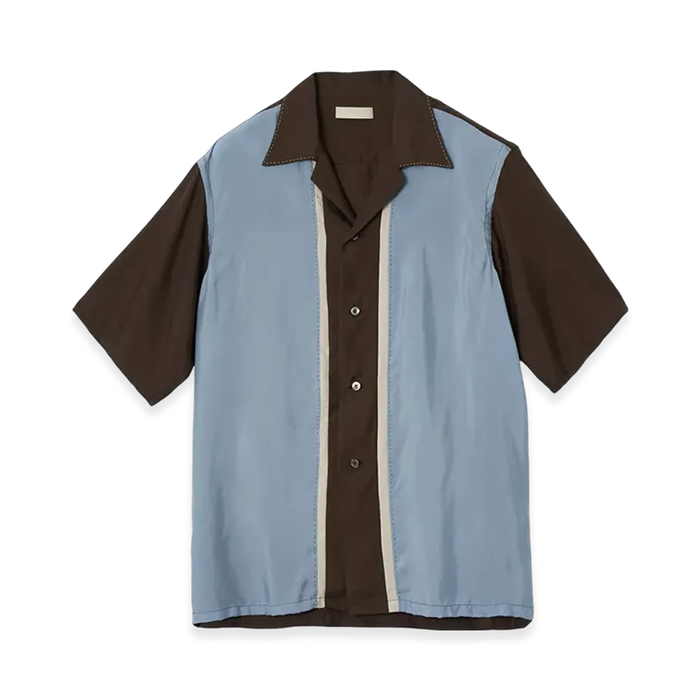 YOKE Cupro Polyester Washable Chambray Tiwll Colorblock Open Collar Shirt "Light Blue"