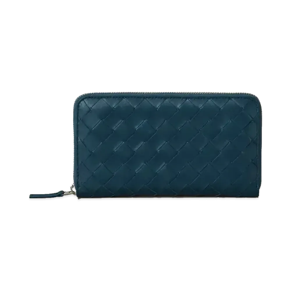 Bottega Veneta Intrecciato Lambskin Calfskin Zip Around Wallet "Deep Blue"