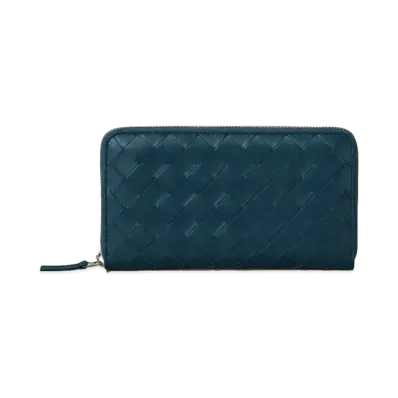 Bottega Veneta Intrecciato Lambskin Calfskin Zip Around Wallet "Deep Blue"