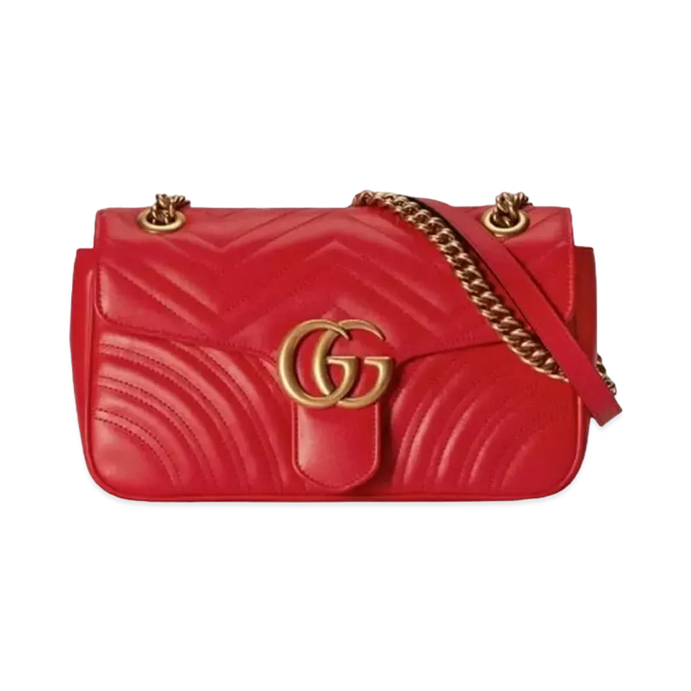 GUCCI GG Marmont Small Shoulder Bag Matelasse Chevron Leather Hardware "Red"