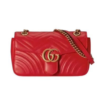 GUCCI GG Marmont Small Shoulder Bag Matelasse Chevron Leather Hardware "Red"
