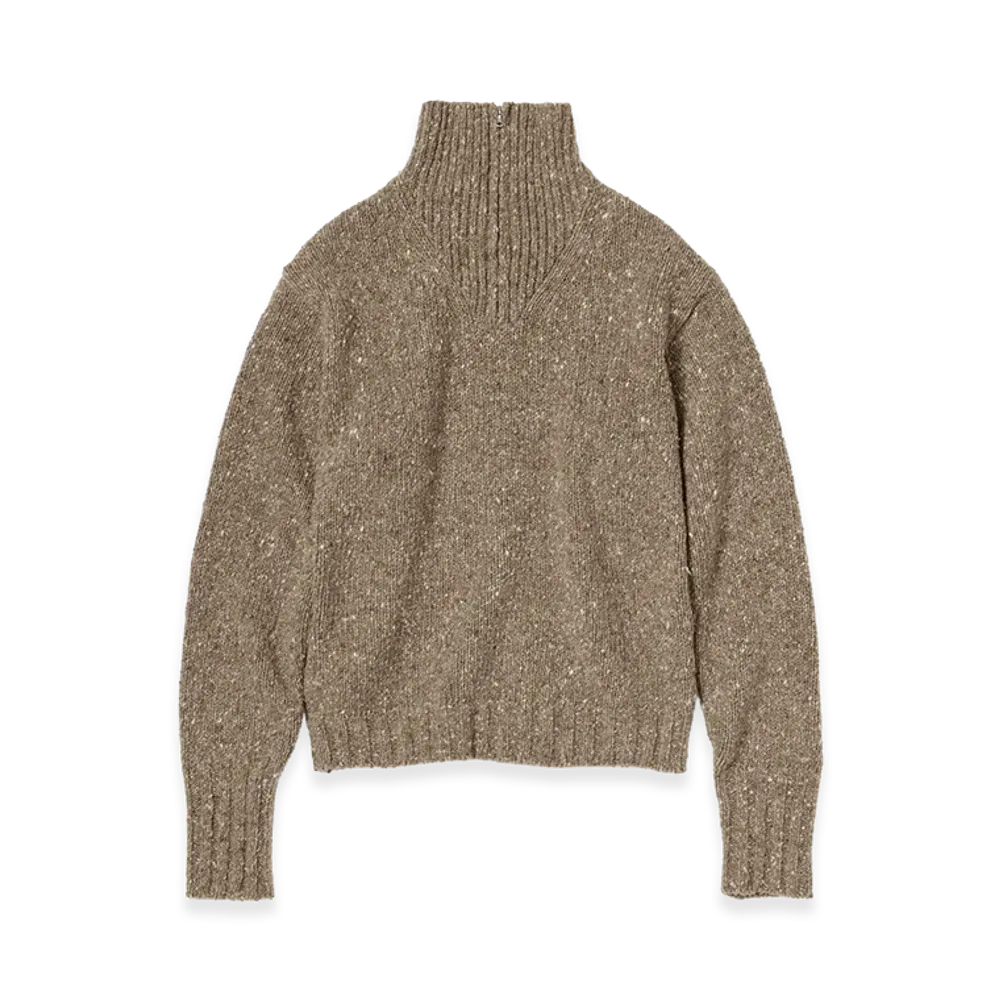 AURALEE Low-Gauge Homespun Tweed Knit Zip Turtle "Top Brown"