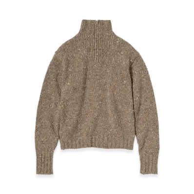 AURALEE Low-Gauge Homespun Tweed Knit Zip Turtle "Top Brown"