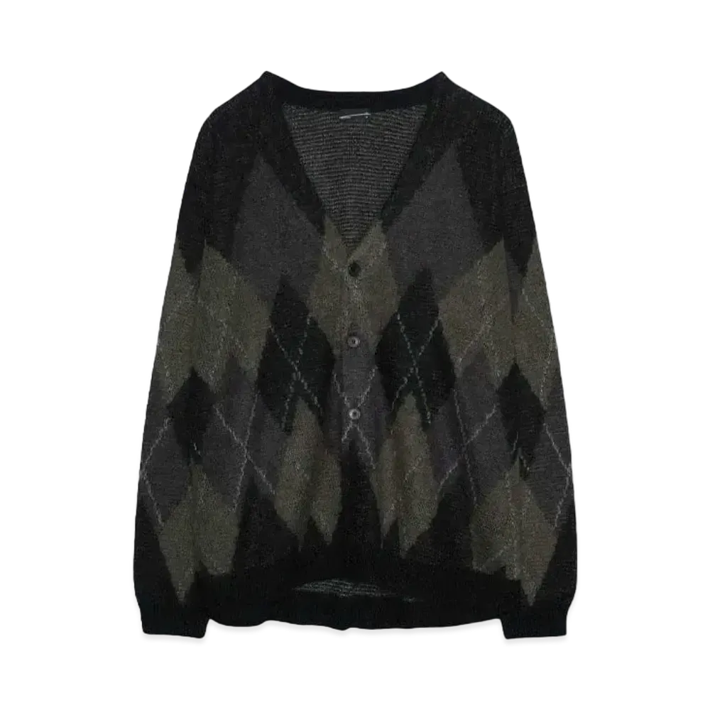 LAD MUSICIAN M/SHAGGY ARGYLE KNIT CARDIGAN "BLACK x DARK KHAKI"
