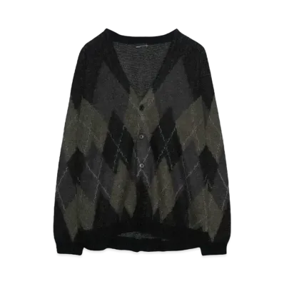 LAD MUSICIAN M/SHAGGY ARGYLE KNIT CARDIGAN "BLACK x DARK KHAKI"
