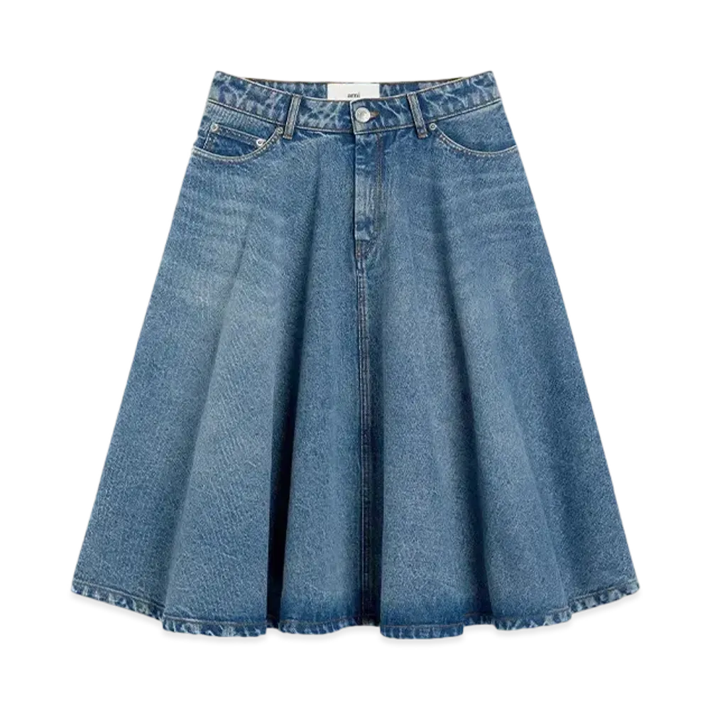AMI PARIS Cotton Godet Midi Skirt "UsedBlue"