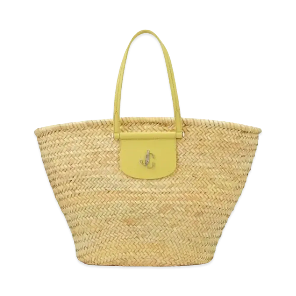 Jimmy Choo Macy Tote Palm Leaf Raffia And Calf Leather Tote Bag With JC Logo "Silver/Natural/Sunbleached"