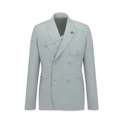 Dior Double-Breasted Jacket with Buttoned Strap Slub Cotton Blend "Gray"