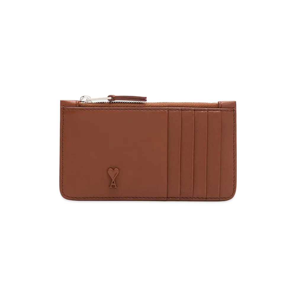 AMI PARIS Cowhide Leather Ami De Coeur Zipped Card Holder "Brown"