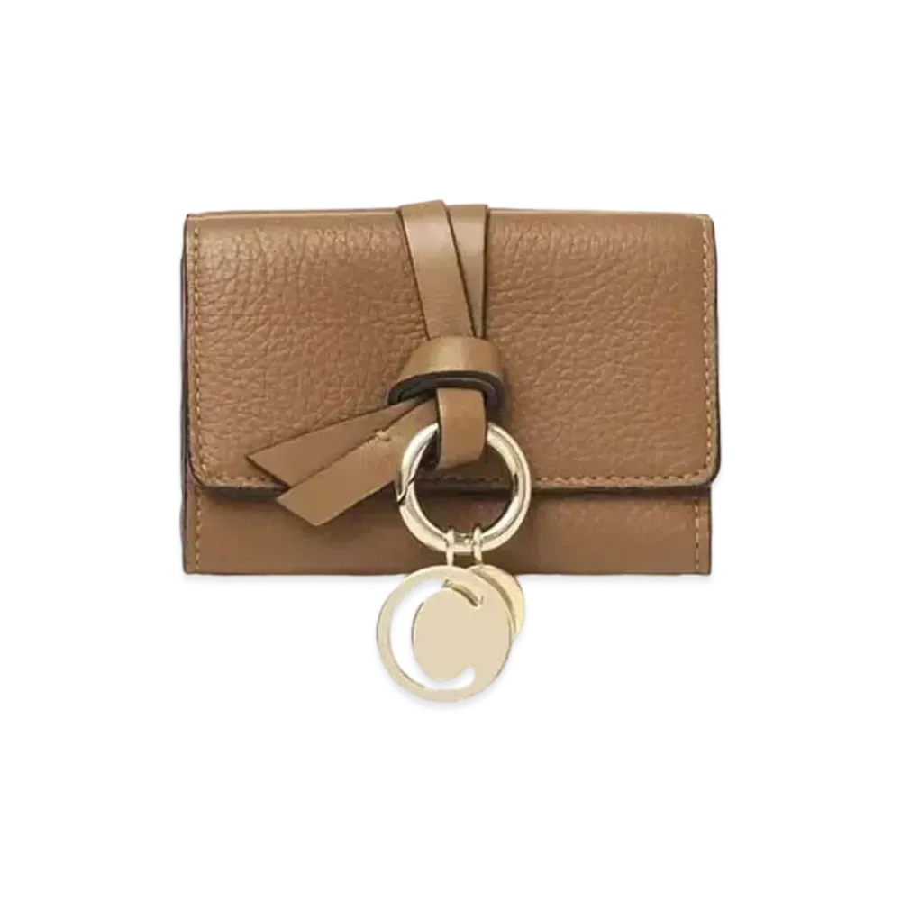 Chloe Alphabet Mini Tri Fold Wallet In Grained & Shiny Calfskin "Cement Brown"