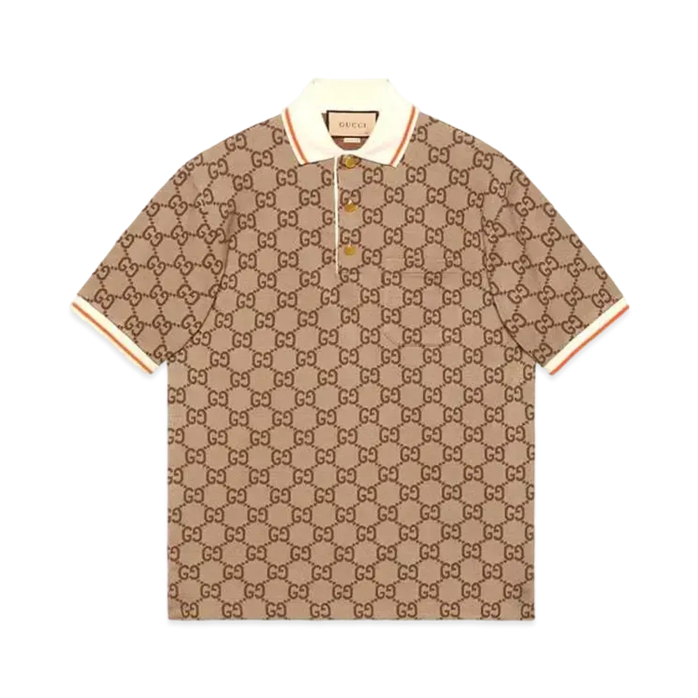GUCCI GG Cotton Silk Polo Shirt "Beige/Ebony"
