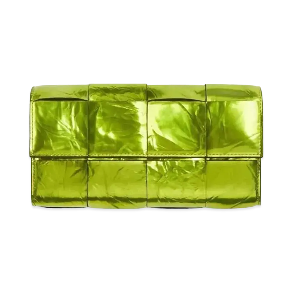Bottega Veneta Casette Maxi Intrecciato Calfskin Flap Long Wallet "Chlorophyll"