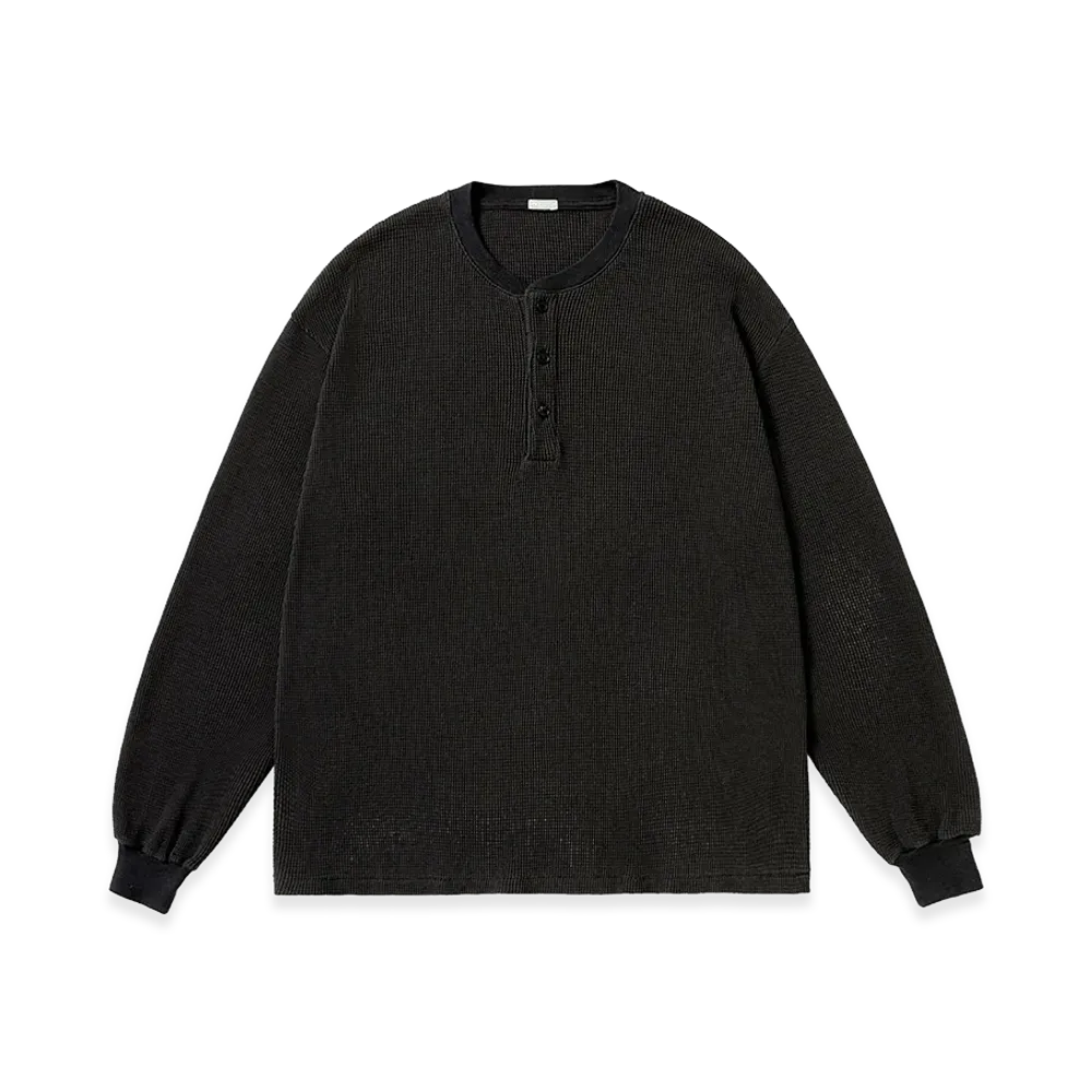 A.PRESSE Cashmere Blend Waffle Long Sleeve Henley Neck Shirt "Charcoal"
